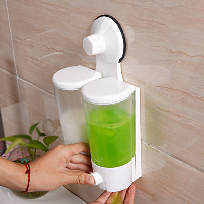 Decopatent Dubbele Hangende Zeepdispenser Wandmontage - Zeepdispenser Hangend - Zeep Dispenser voor Badkamer / Douche / WC / Keuken muur - Zeeppompje voor Handzeep - Desinfectie dispenser - Handen wassen - Zonder Boren & Schroeven - Decopatent®