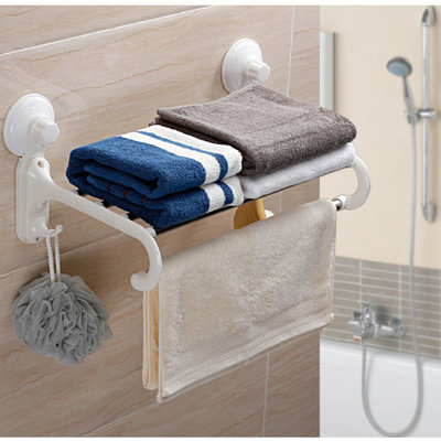 Decopatent Zelfklevend Handdoekenrek Legplank, Hang stang en 2 Ophang Haken - Muur / Wand Bevestiging met Zuignappen - Handoekhouder Badkamer - Wand Handdoeken rek Stang Houder - Handdoek rek - Handoekstang - Zonder Boren & Schroeven - Decopatent®