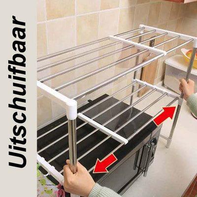 Decopatent Multifunctioneel dubbel laags uitschuifbaar keukenrek - Keuken Rek met 2 lagen voor Boven de Magnetron - Uitschuifbaar in breedte van 49 -> 90 Cm. - Keuken organizer - Magnetronrek - Keuken Opbergrek - Decopatent®