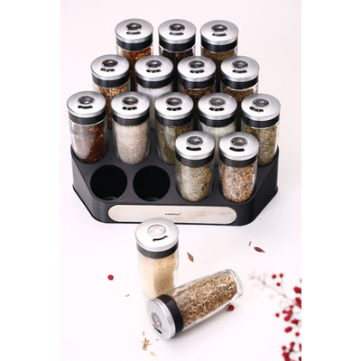 Decopatent Kruidenrek inclusief 16 kruiden potjes met rvs strooideksel - Staand Kruiden & Specerijen rek voor specerijen en kruiden - Set 16x Glazen Specerijen potjes + Staande houder - Kruidenpotjes glas met strooi deksel - Keuken Kruiden houder - Decopatent®