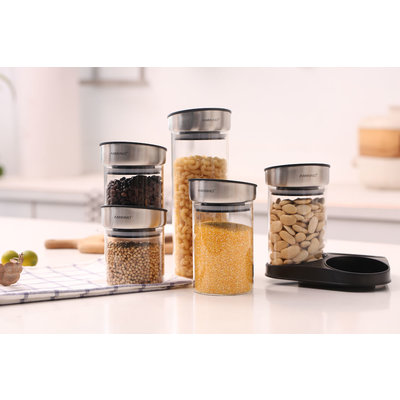 Decopatent 6-Delige Voorraadpotten SET van glas Met Rvs Deksel in Carrousel - 360 Graden draaibaar - Verschillende maten Luchtdichte glazen Voorraadpotten - Voorraad potten in houder - Voorraadbussen Set - Voorraadblikken voor pasta suiker snoep - Decopatent®