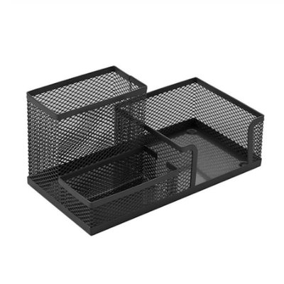 Decopatent Pennenbak met 3 vakken voor pennen, potloden, notitieblok / post it en paperclips etc  - Mesh bureau organizer - pennenbakje van metaal / gaas - pennenhouder - bureau organizer Kleur: Zwart – Decopatent®