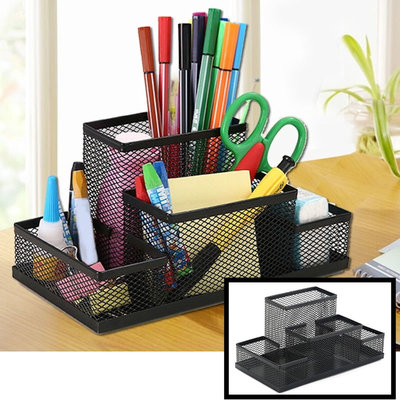 Decopatent Pennenbak met 4 vakken voor pennen, potloden, notitieblok / post it en paperclips etc  - Mesh bureau organizer - pennenbakje van metaal / gaas - pennenhouder - bureau organizer Kleur: Zwart – Decopatent®