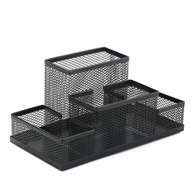 Decopatent Pennenbak met 4 vakken voor pennen, potloden, notitieblok / post it en paperclips etc  - Mesh bureau organizer - pennenbakje van metaal / gaas - pennenhouder - bureau organizer Kleur: Zwart – Decopatent®