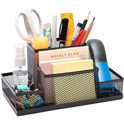 Decopatent Pennenbak met 4 vakken voor pennen, potloden, notitieblok / post it en paperclips etc  - Mesh bureau organizer - pennenbakje van metaal / gaas - pennenhouder - bureau organizer Kleur: Zwart – Decopatent®