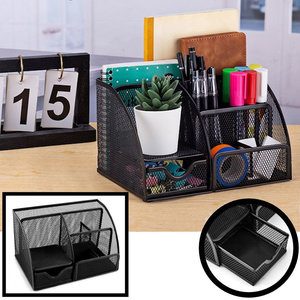 Decopatent Pennenbak met 6 vakken en 1 schuiflade voor pennen, potloden, notitieblok / post it en paperclips etc  - Mesh bureau organizer - pennenbakje van metaal / gaas - pennenhouder - bureau organizer Kleur: Zwart – Decopatent®