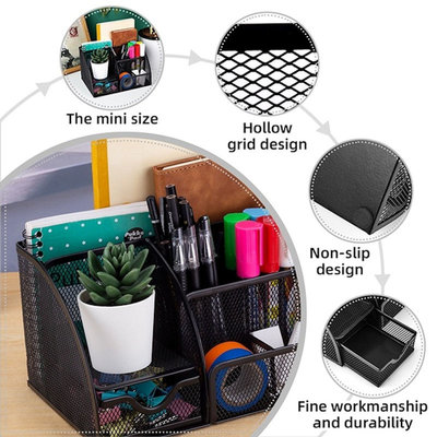 Decopatent Pennenbak met 6 vakken en 1 schuiflade voor pennen, potloden, notitieblok / post it en paperclips etc  - Mesh bureau organizer - pennenbakje van metaal / gaas - pennenhouder - bureau organizer Kleur: Zwart – Decopatent®