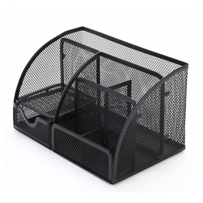 Decopatent Pennenbak met 6 vakken en 1 schuiflade voor pennen, potloden, notitieblok / post it en paperclips etc  - Mesh bureau organizer - pennenbakje van metaal / gaas - pennenhouder - bureau organizer Kleur: Zwart – Decopatent®