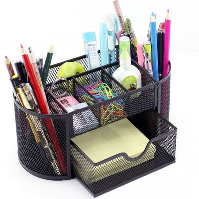 Decopatent Pennenbak met 8 vakken en 1 schuiflade voor pennen, potloden, notitieblok / post it en paperclips etc  - Mesh bureau organizer - pennenbakje van metaal / gaas - pennenhouder - bureau organizer Kleur: Zwart – Decopatent®