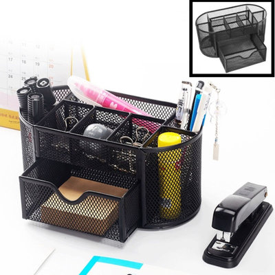 Decopatent Pennenbak met 8 vakken en 1 schuiflade voor pennen, potloden, notitieblok / post it en paperclips etc  - Mesh bureau organizer - pennenbakje van metaal / gaas - pennenhouder - bureau organizer Kleur: Zwart – Decopatent®