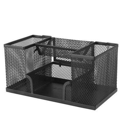 Decopatent Pennenbak met 4 vakken voor pennen, potloden, notitieblok / post it en paperclips etc  - Mesh bureau organizer - pennenbakje van metaal / gaas - pennenhouder - bureau organizer Kleur: Zwart – Decopatent®