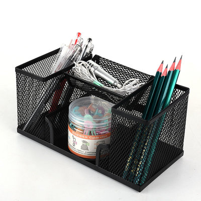 Decopatent Pennenbak met 4 vakken voor pennen, potloden, notitieblok / post it en paperclips etc  - Mesh bureau organizer - pennenbakje van metaal / gaas - pennenhouder - bureau organizer Kleur: Zwart – Decopatent®