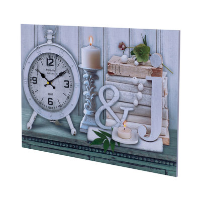 Decopatent XL Canvas Schilderij Wandklok CLOCK CANDLES & BOOKS met Klok - Wand Klok Landelijk / Brocante - Canvasklok - Canvas Wandklokken met Klok - Keukenklok - Muurklok Wand Klok - Afm. 60 x 40 Cm - Decopatent®