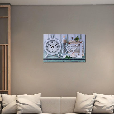 Decopatent XL Canvas Schilderij Wandklok CLOCK CANDLES & BOOKS met Klok - Wand Klok Landelijk / Brocante - Canvasklok - Canvas Wandklokken met Klok - Keukenklok - Muurklok Wand Klok - Afm. 60 x 40 Cm - Decopatent®