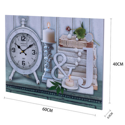 Decopatent XL Canvas Schilderij Wandklok CLOCK CANDLES & BOOKS met Klok - Wand Klok Landelijk / Brocante - Canvasklok - Canvas Wandklokken met Klok - Keukenklok - Muurklok Wand Klok - Afm. 60 x 40 Cm - Decopatent®