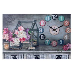 Decopatent XL Canvas Schilderij Wandklok CLOCK GARDENHOUSE CANDLES & FLOWERS met Klok - Wand Klok Landelijk / Brocante - Canvasklok - Canvas Wandklokken met Klok - Keukenklok - Muurklok Wand Klok - Afm. 60 x 40 Cm - Decopatent®