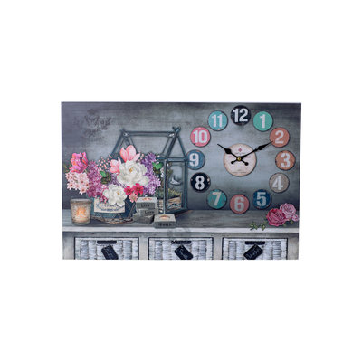 Decopatent XL Canvas Schilderij Wandklok CLOCK GARDENHOUSE CANDLES & FLOWERS met Klok - Wand Klok Landelijk / Brocante - Canvasklok - Canvas Wandklokken met Klok - Keukenklok - Muurklok Wand Klok - Afm. 60 x 40 Cm - Decopatent®