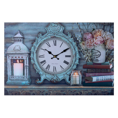 Decopatent XL Canvas Schilderij Wandklok CLOCK LANTARN CANDLE & FLOWERS met Klok - Wand Klok Landelijk / Brocante - Canvasklok - Canvas Wandklokken met Klok - Keukenklok - Muurklok Wand Klok - Afm. 60 x 40 Cm - Decopatent®