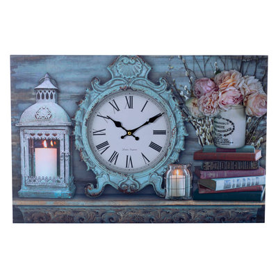 Decopatent XL Canvas Schilderij Wandklok CLOCK LANTARN CANDLE & FLOWERS met Klok - Wand Klok Landelijk / Brocante - Canvasklok - Canvas Wandklokken met Klok - Keukenklok - Muurklok Wand Klok - Afm. 60 x 40 Cm - Decopatent®