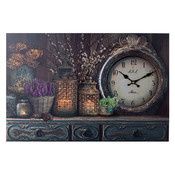 Decopatent XL Canvas Schilderij Wandklok CABINET CLOCK LANTARN CANDLE & FLOWERS met Klok - Wand Klok Landelijk / Brocante - Canvasklok - Canvas Wandklokken met Klok - Keukenklok - Muurklok Wand Klok - Afm. 60 x 40 Cm - Decopatent®