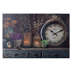 Decopatent XL Canvas Schilderij Wandklok CABINET CLOCK LANTARN CANDLE & FLOWERS met Klok - Wand Klok Landelijk / Brocante - Canvasklok - Canvas Wandklokken met Klok - Keukenklok - Muurklok Wand Klok - Afm. 60 x 40 Cm - Decopatent®