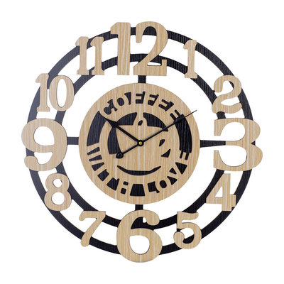 Decopatent XL Grote 60 Cm. Ronde Houten Wandklok Coffee with Love - Keuken Wand Klok met Tekst Modern / Retro / Vintage - Wandklok Koffie met Liefde - Wandklokken Rond - Keukenklok - Muurklok Wand Klok - Hout / Zwart - Afm. 60 x 60 Cm - Decopatent® 