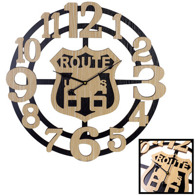 Decopatent XL Grote 60 Cm. Ronde Houten Wandklok ROUTE 66 - Wand Klok USA Modern / Retro / Vintage / Mancave - Wandklok Route 66 - Wandklokken Rond - Keukenklok - Muurklok Wand Klok - Hout / Zwart - Afm. 60 x 60 Cm - Decopatent® 