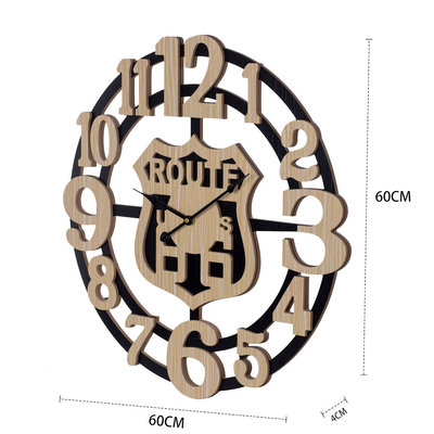 Decopatent XL Grote 60 Cm. Ronde Houten Wandklok ROUTE 66 - Wand Klok USA Modern / Retro / Vintage / Mancave - Wandklok Route 66 - Wandklokken Rond - Keukenklok - Muurklok Wand Klok - Hout / Zwart - Afm. 60 x 60 Cm - Decopatent® 