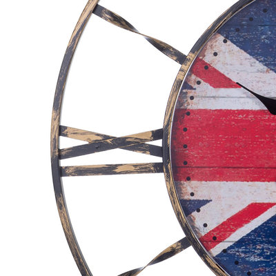 Decopatent XL Grote Ronde Wandklok Industrieel 60 Cm met Engelse Vlag & Tekst: KEEP CALM and Carry On - UK Wand Klok Modern / Retro Rond Zwart - Industriële Wandklokken - Keukenklok - Muurklok Wand Klok - Afm. 60 x 60 Cm - Decopatent®