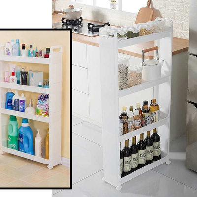 Decopatent Smal Opbergrek 4 laags op Wieltjes met Open Vakken - Smal Opberg Rek Organizer voor Keuken / Badkamer - Nisrek - Verrijdbare Ruimtebesparende Opbergkast Keuken / Badkamer kast - Opbergrekje Kunststof met wielen - Wit - Decopatent®