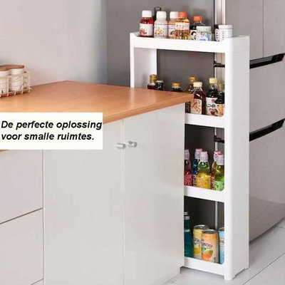 Decopatent Smal Opbergrek 4 laags op Wieltjes met Open Vakken - Smal Opberg Rek Organizer voor Keuken / Badkamer - Nisrek - Verrijdbare Ruimtebesparende Opbergkast Keuken / Badkamer kast - Opbergrekje Kunststof met wielen - Wit - Decopatent®