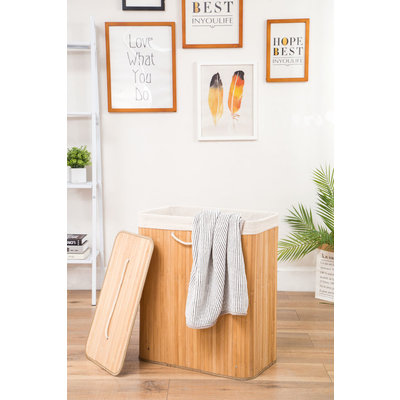 Decopatent Grote Bamboe Wasmand 2 vakken met Deksel & stoffen Waszak - Bamboe wasbox wassorteerder - Inhoud wasmand 110 liter - Wasmand voor wasgoed - Wasmanden Opvouwbaar - Dubbele Wasmand met deksel - Kleur: Naturel - Decopatent®