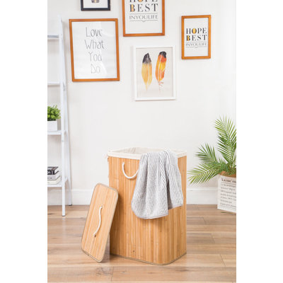 Decopatent Grote Bamboe Wasmand 1 vak met Deksel & stoffen Waszak - Bamboe wasbox wassorteerder - Inhoud wasmand 80 liter - Wasmand voor wasgoed - Wasmanden Opvouwbaar - Wasmand met deksel - Kleur: Naturel - Decopatent®