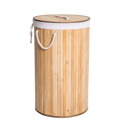 Decopatent Grote Ronde Bamboe Wasmand 1 vak met Deksel & stoffen Waszak - Bamboe wasbox wassorteerder Rond - Inhoud wasmand 80 liter - Wasmand voor wasgoed - Wasmanden Opvouwbaar - Wasmand met deksel - Kleur: Naturel - Decopatent®