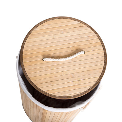 Decopatent Grote Ronde Bamboe Wasmand 1 vak met Deksel & stoffen Waszak - Bamboe wasbox wassorteerder Rond - Inhoud wasmand 80 liter - Wasmand voor wasgoed - Wasmanden Opvouwbaar - Wasmand met deksel - Kleur: Naturel - Decopatent®