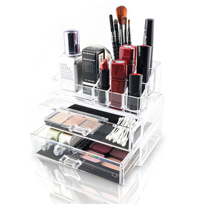 Decopatent Make up Organizer met 9 Vakken & 2 Schuif Laden – Make-up Organizer Transparant - Sieraden Makeup Cosmetica Opbergsysteem - Display Houder voor Lippenstift / Nagellak / Brushes / Visagie - Make up kwasten / Sieraden etc. - Decopatent®