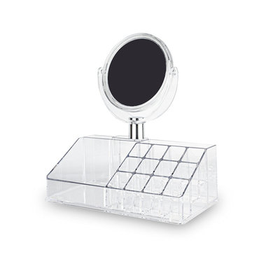 Decopatent Make up Organizer met 15 Vakken & Makeup Spiegel – Make-up Spiegel Organizer Transparant - Sieraden Makeup Cosmetica Opbergsysteem - Display Houder voor Lippenstift / Nagellak / Brushes / Visagie - Make up kwasten / Sieraden etc. - Decopatent®