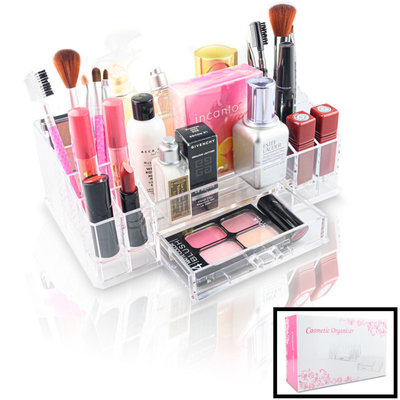 Decopatent XL Make up Organizer met 16 Vakken & 1 Schuif Lade – Make-up Organizer Transparant - Sieraden Makeup Cosmetica Opbergsysteem - Display Houder voor Lippenstift / Nagellak / Brushes / Visagie - Make up kwasten / Sieraden etc. - Decopatent®