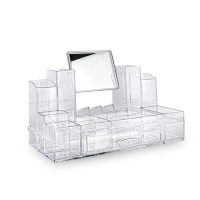 Decopatent XL Make up Organizer met 13 Vakken &  1 Lade & Makeup Spiegel – Make-up Spiegel Organizer Transparant - Sieraden Makeup Cosmetica Opbergsysteem - Display Houder voor Lippenstift / Nagellak / Brushes / Visagie - Make up kwasten / Sieraden etc. - Decopatent