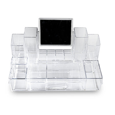 Decopatent XL Make up Organizer met 13 Vakken &  1 Lade & Makeup Spiegel – Make-up Spiegel Organizer Transparant - Sieraden Makeup Cosmetica Opbergsysteem - Display Houder voor Lippenstift / Nagellak / Brushes / Visagie - Make up kwasten / Sieraden etc. - Decopatent
