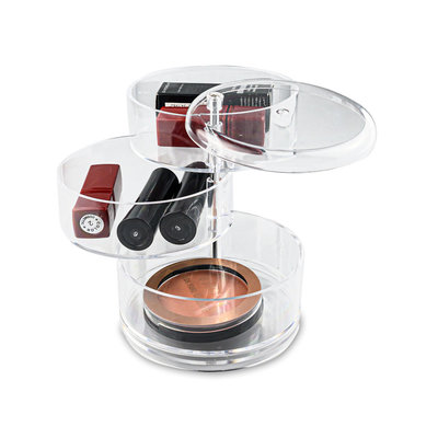 Decopatent RONDE Make up Organizer met 3 Vakken – Make-up Organizer Transparant - Sieraden Makeup Cosmetica Opbergsysteem - Display Houder voor Lippenstift / Nagellak / Visagie - Make up / Sieraden etc. - Decopatent®