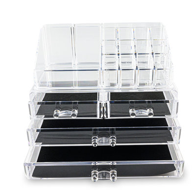 Decopatent XL Make up Organizer met 16 Vakken & 4 Schuif Laden – Make-up Organizer Transparant - Sieraden Makeup Cosmetica Opbergsysteem - Display Houder voor Lippenstift / Nagellak / Brushes / Visagie - Make up kwasten / Sieraden etc. - Decopatent®