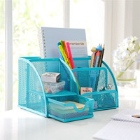 Decopatent Pennenbak met 6 vakken en 1 schuiflade voor pennen, potloden, notitieblok / post it en paperclips etc  - Mesh bureau organizer - pennenbakje van metaal / gaas - pennenhouder - bureau organizer Kleur: Blauw – Decopatent®