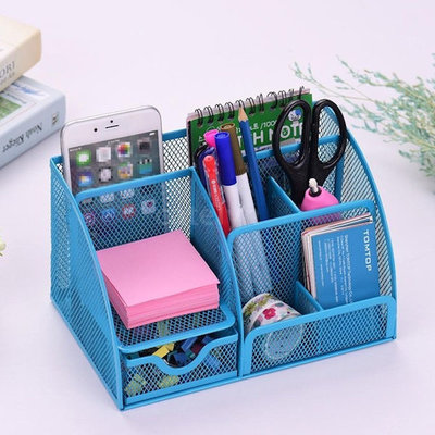 Decopatent Pennenbak met 6 vakken en 1 schuiflade voor pennen, potloden, notitieblok / post it en paperclips etc  - Mesh bureau organizer - pennenbakje van metaal / gaas - pennenhouder - bureau organizer Kleur: Blauw – Decopatent®