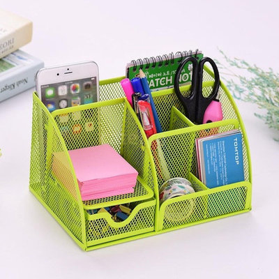 Decopatent Pennenbak met 6 vakken en 1 schuiflade voor pennen, potloden, notitieblok / post it en paperclips etc  - Mesh bureau organizer - pennenbakje van metaal / gaas - pennenhouder - bureau organizer Kleur: Groen – Decopatent®