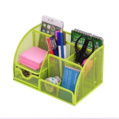 Decopatent Pennenbak met 6 vakken en 1 schuiflade voor pennen, potloden, notitieblok / post it en paperclips etc  - Mesh bureau organizer - pennenbakje van metaal / gaas - pennenhouder - bureau organizer Kleur: Groen – Decopatent®