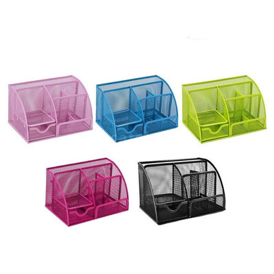 Decopatent Pennenbak met 6 vakken en 1 schuiflade voor pennen, potloden, notitieblok / post it en paperclips etc  - Mesh bureau organizer - pennenbakje van metaal / gaas - pennenhouder - bureau organizer Kleur: Groen – Decopatent®