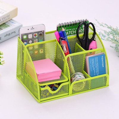 Decopatent Pennenbak met 6 vakken en 1 schuiflade voor pennen, potloden, notitieblok / post it en paperclips etc  - Mesh bureau organizer - pennenbakje van metaal / gaas - pennenhouder - bureau organizer Kleur: Groen – Decopatent®