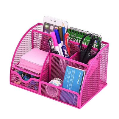 Decopatent Pennenbak met 6 vakken en 1 schuiflade voor pennen, potloden, notitieblok / post it en paperclips etc  - Mesh bureau organizer - pennenbakje van metaal / gaas - pennenhouder - bureau organizer Kleur: Roze – Decopatent®