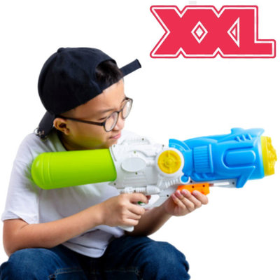 Decopatent XXL Waterpistool - Super soaker waterpistool voor jongens - Jumbo waterkanon - Dubbel Shots supersoaker water pistool voor kinderen - Waterspeelgoed Watergeweer - Water gun met groot water reservoir - Afm 80x15x27 Cm - 3.2 Liter GROEN/BLAUW - Decopatent®